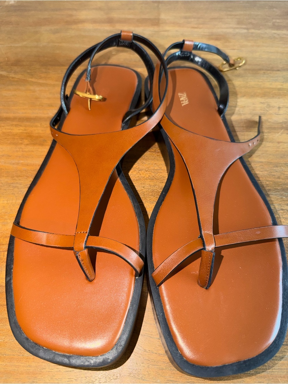 Zara Tan Brown T-Strap Leather Sandals